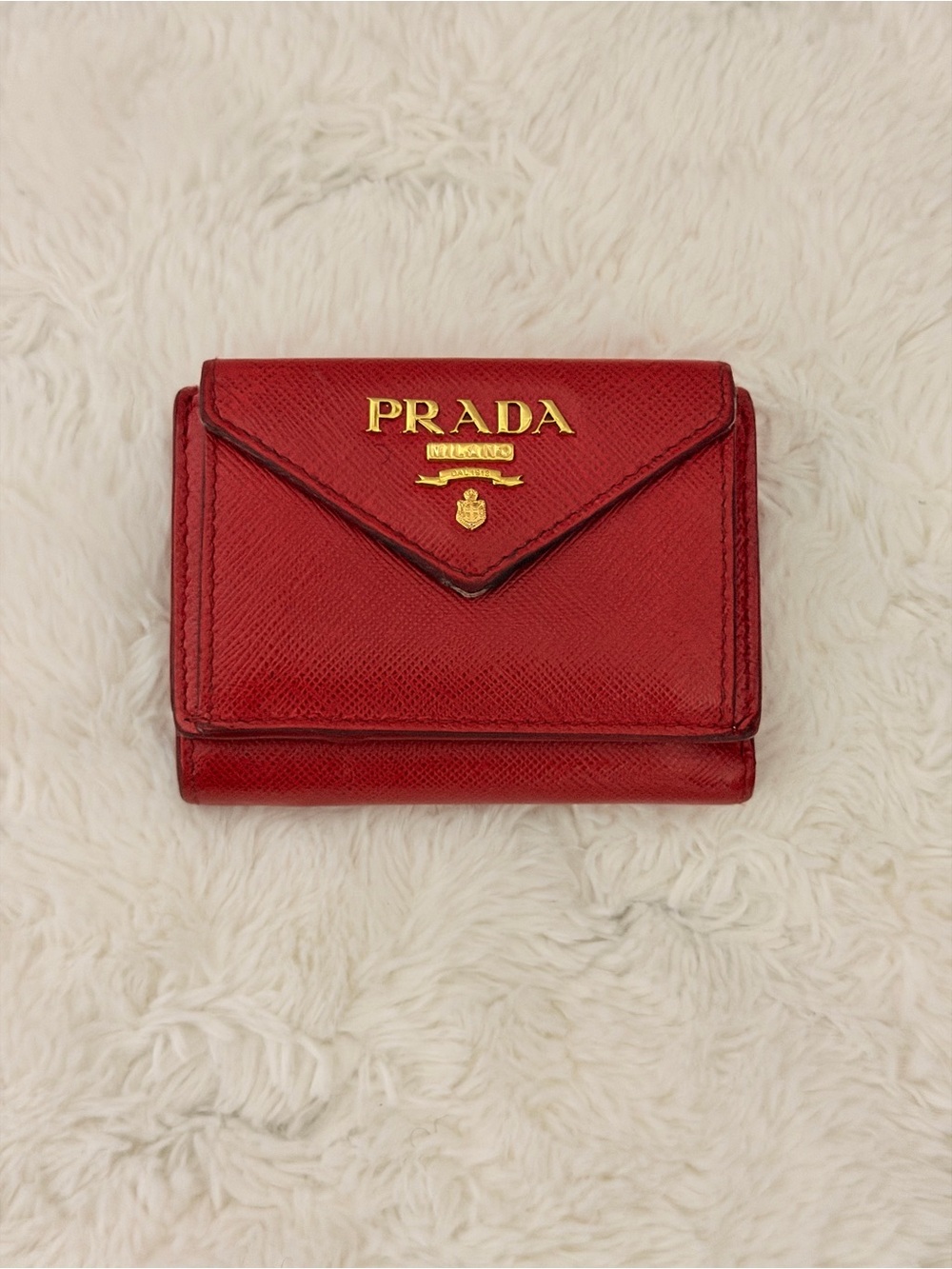 Prada Red Saffiano Leather Compact Fold Wallet with Gold Logo
